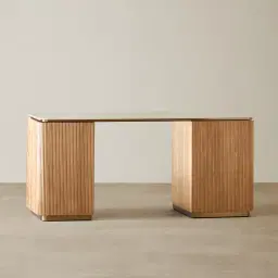 San Pierre Light Brown Ash Veneer Study Desk with Travertine Finish Sintered Stone Top