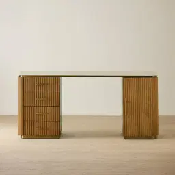 San Pierre Light Brown Ash Veneer Study Desk with Travertine Finish Sintered Stone Top