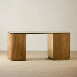 San Pierre Light Brown Ash Veneer Study Desk with Travertine Finish Sintered Stone Top