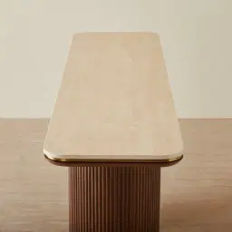 San Pierre Walnut Veneer Two-Leg Console Table with Travertine Finish Sintered Stone Top