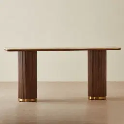 San Pierre Walnut Veneer Two-Leg Console Table with Travertine Finish Sintered Stone Top