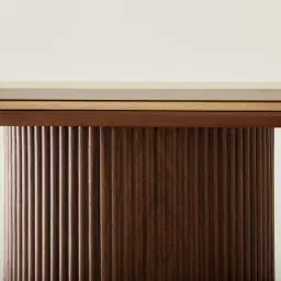 San Pierre Walnut Veneer Two-Leg Console Table with Travertine Finish Sintered Stone Top