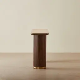 San Pierre Walnut Veneer Two-Leg Console Table with Travertine Finish Sintered Stone Top