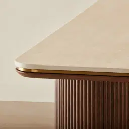 San Pierre Walnut Veneer Two-Leg Console Table with Travertine Finish Sintered Stone Top