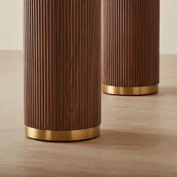 San Pierre Walnut Veneer Two-Leg Console Table with Travertine Finish Sintered Stone Top