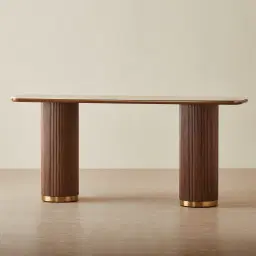 San Pierre Walnut Veneer Two-Leg Console Table with Travertine Finish Sintered Stone Top