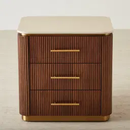 San Pierre Walnut Veneer Bedside Table with Travertine Finish Sintered Stone Top