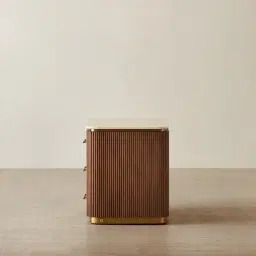 San Pierre Walnut Veneer Bedside Table with Travertine Finish Sintered Stone Top