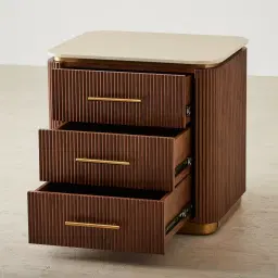 San Pierre Walnut Veneer Bedside Table with Travertine Finish Sintered Stone Top