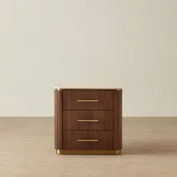 San Pierre Walnut Veneer Bedside Table with Travertine Finish Sintered Stone Top