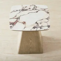 Dunstan Medium Brown Veneer Side Table with Calcatta Viola Sintered Stone Top