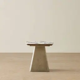 Dunstan Medium Brown Veneer Side Table with Calcatta Viola Sintered Stone Top