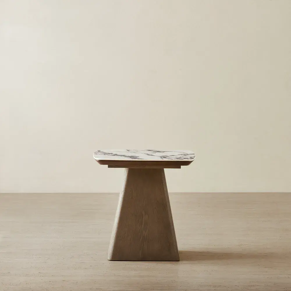 Dunstan Calacatta Viola Sintered Stone Side Table - Medium Brown Wooden Legs
