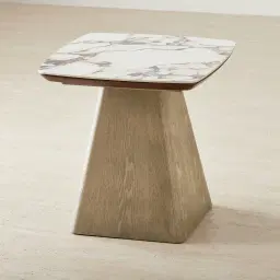 Dunstan Medium Brown Veneer Side Table with Calcatta Viola Sintered Stone Top