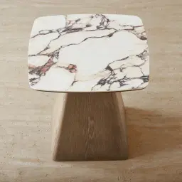 Dunstan Medium Brown Veneer Side Table with Calcatta Viola Sintered Stone Top