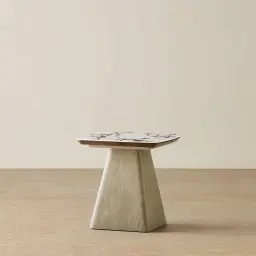 Dunstan Medium Brown Veneer Side Table with Calcatta Viola Sintered Stone Top