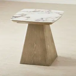 Dunstan Medium Brown Veneer Side Table with Calcatta Viola Sintered Stone Top
