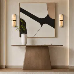 Dunstan Medium Brown Veneer Console Table with Calacatta Viola Sintered Stone Top