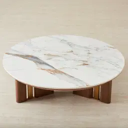 Sir Lionell Gliding White Sintered Stone Coffee Table - Walnut Brown Wooden Legs