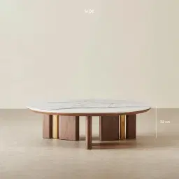 Sir Lionell Gliding White Sintered Stone Coffee Table - Walnut Brown Wooden Legs