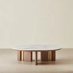 Sir Lionell Gliding White Sintered Stone Coffee Table - Walnut Brown Wooden Legs