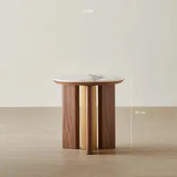 Sir Lionell Gliding White Sintered Stone Side Table - Walnut Brown Wooden Legs