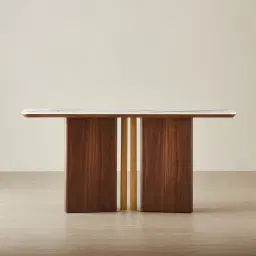 Sir Lionell Gliding White Sintered Stone Console Table - Walnut Brown Wooden Legs