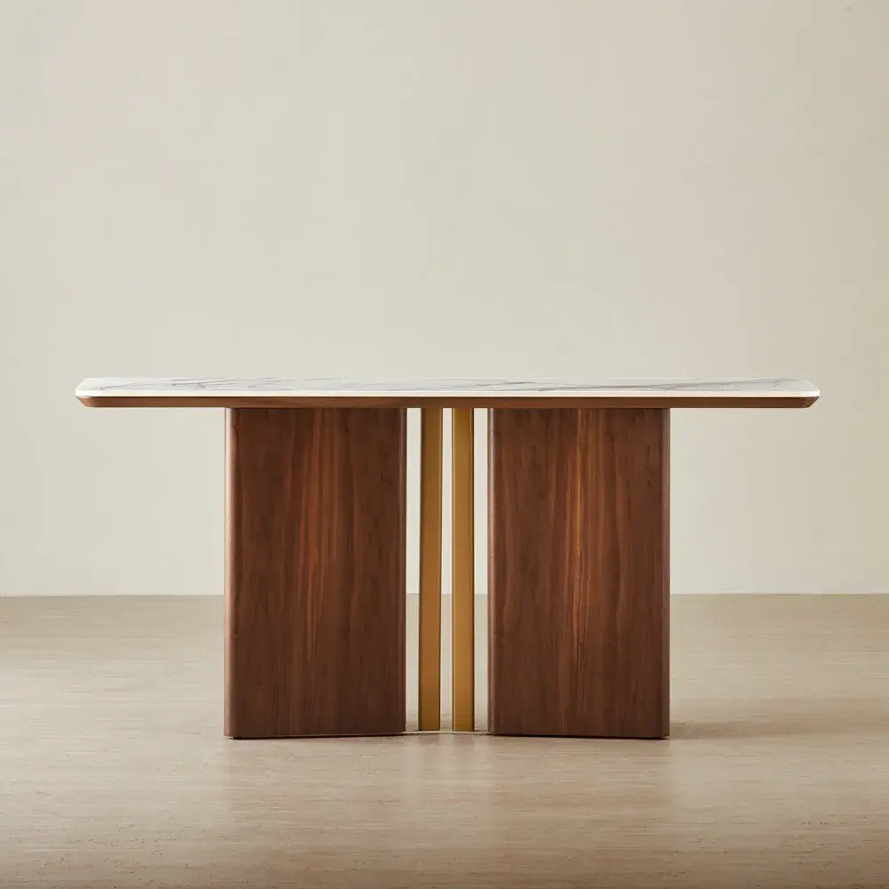 Sir Lionell Gliding White Sintered Stone Console Table - Walnut Brown Wooden Legs