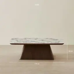 Dunstan Amber Brown Veneer Coffee Table with Calcatta Viola Sintered Stone Top