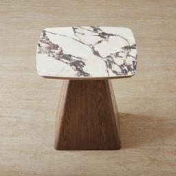 Dunstan Amber Brown Veneer Side Table with Calcatta Viola Sintered Stone Top