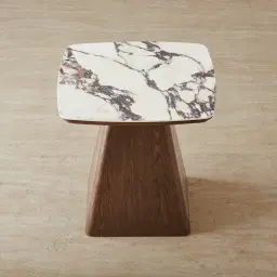Dunstan Amber Brown Veneer Side Table with Calcatta Viola Sintered Stone Top