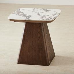 Dunstan Amber Brown Veneer Side Table with Calcatta Viola Sintered Stone Top