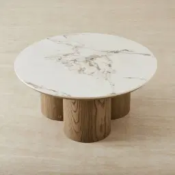 Terzetto Pandora Brown Sintered Stone Round Coffee Table High - Medium Brown Wooden Legs