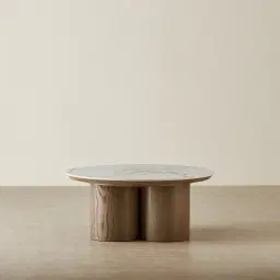 Terzetto Pandora Brown Sintered Stone Round Coffee Table High - Medium Brown Wooden Legs