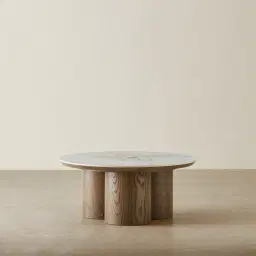 Terzetto Pandora Brown Sintered Stone Round Coffee Table High - Medium Brown Wooden Legs
