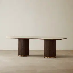 San Pierre Ebony Brown Ash Veneer Two-Leg Rectangular Dining Table with Travertine Finish Sintered Stone Top 240x120cm