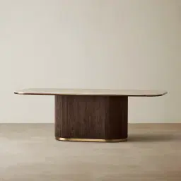 San Pierre Ebony Brown Ash Veneer Single Leg Rectangular Dining Table with Travertine Finish Sintered Stone Top - 240x120cm