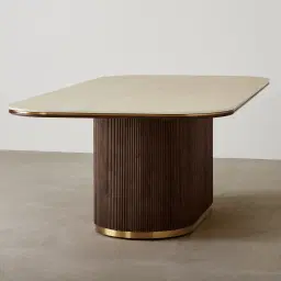 San Pierre Ebony Brown Ash Veneer Single Leg Rectangular Dining Table with Travertine Finish Sintered Stone Top - 240x120cm