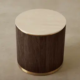 San Pierre Ebony Brown Ash Veneer Side Table with Travertine Finish Sintered Stone Top