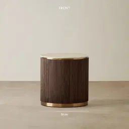 San Pierre Ebony Brown Ash Veneer Side Table with Travertine Finish Sintered Stone Top