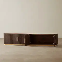 San Pierre Ebony Brown Ash Veneer Entertainment Unit with Travertine Finish Sintered Stone Top