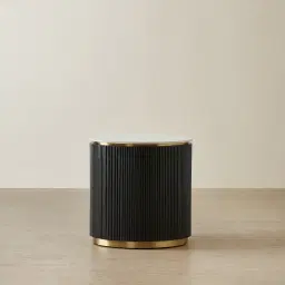 Archie Black Wooden Oval Bedside Table with White Sintered Stone Top