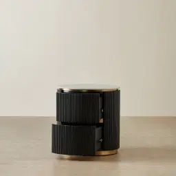 Archie Black Wooden Oval Bedside Table with White Sintered Stone Top