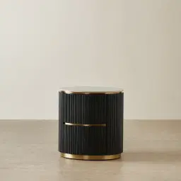 Archie Black Wooden Oval Bedside Table with White Sintered Stone Top