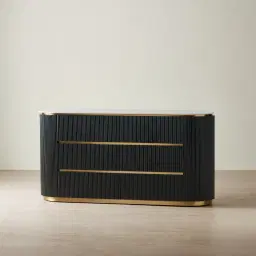 Archie Black Wooden 6-Drawer Dresser with White Sintered Stone Top