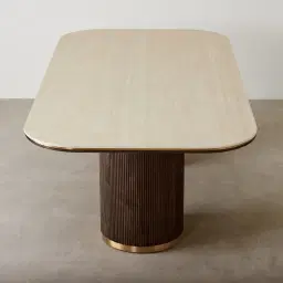 San Pierre Ebony Brown Ash Veneer Two-Leg Rectangular Dining Table with Travertine Finish Sintered Stone Top - 270x120cm