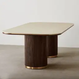 San Pierre Ebony Brown Ash Veneer Two-Leg Rectangular Dining Table with Travertine Finish Sintered Stone Top - 270x120cm