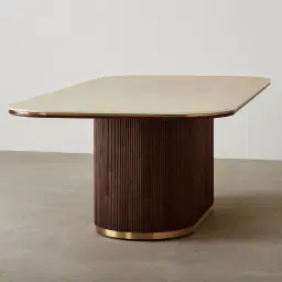 San Pierre Ebony Brown Ash Veneer Single Leg Rectangular Dining Table with Travertine Finish Sintered Stone Top - 270x120cm