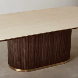 San Pierre Ebony Brown Ash Veneer Single Leg Rectangular Dining Table with Travertine Finish Sintered Stone Top - 270x120cm