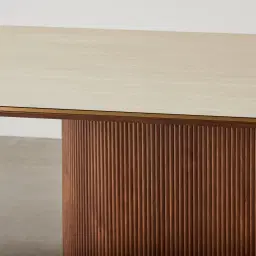 San Pierre Walnut Veneer Single Leg Rectangular Dining Table with Travertine Finish Sintered Stone Top - 270x120cm